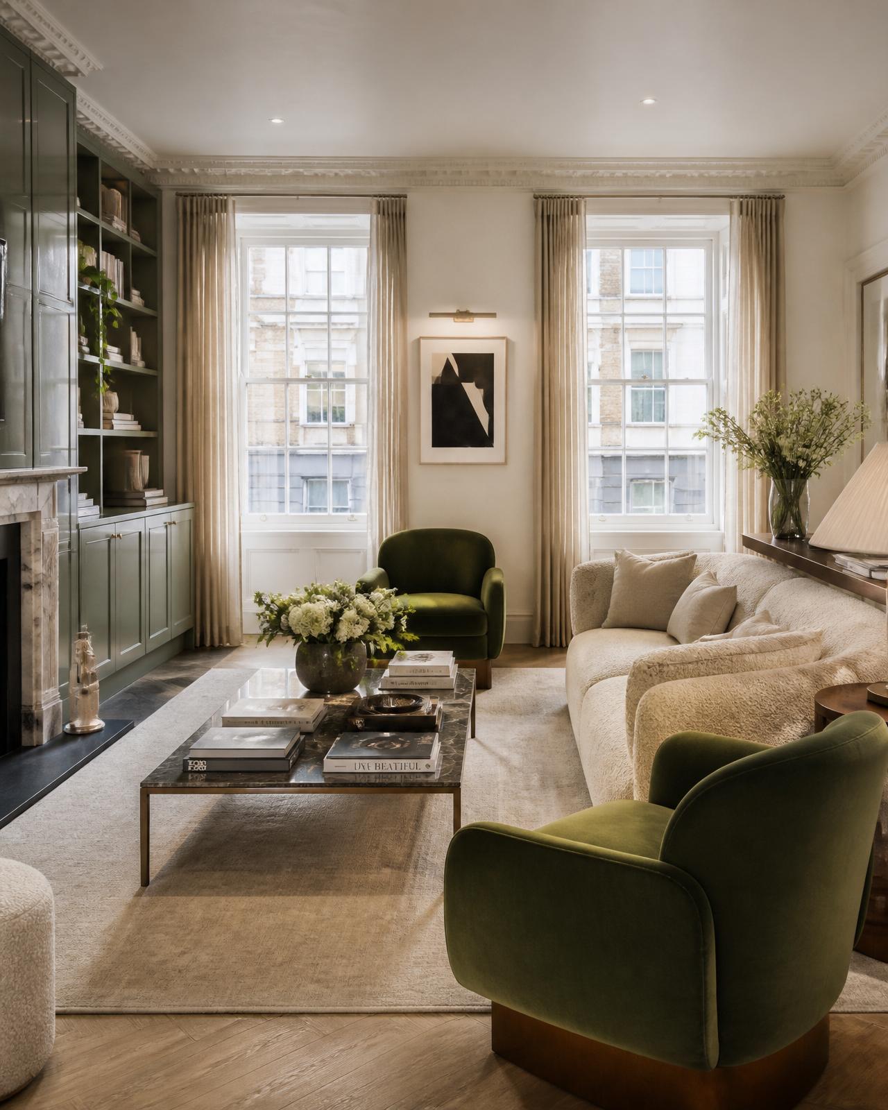 A softly lit boutique London interior with heritage green shelving, warm stone upholstery and tall Georgian windows